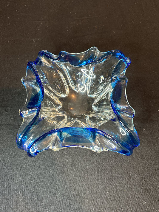 Mid Century Vintage Murano Ashtray 8" Wide 10" Wide Diagonally Blue Glass