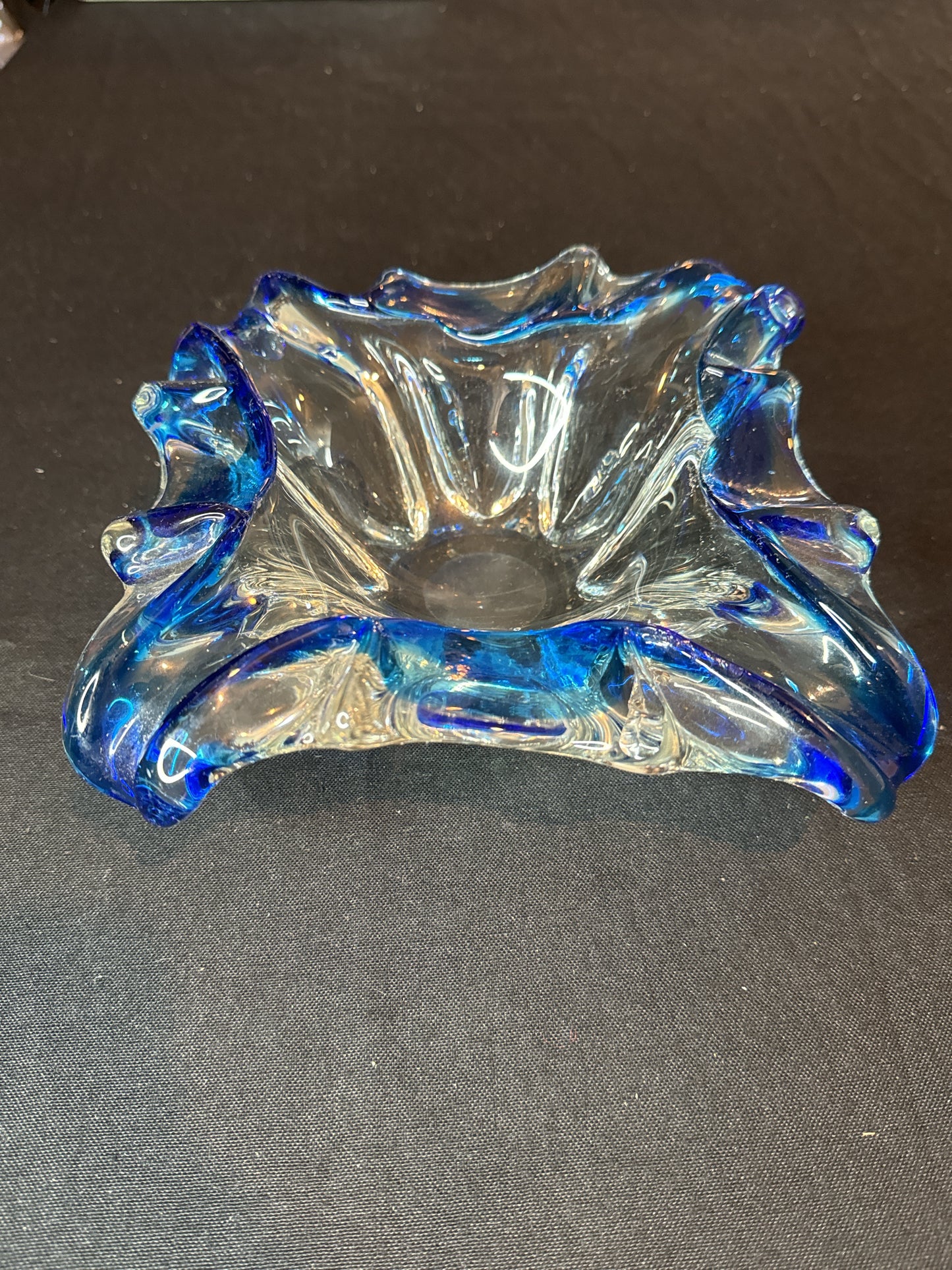 Mid Century Vintage Murano Ashtray 8" Wide 10" Wide Diagonally Blue Glass