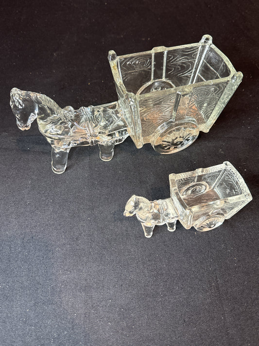 Vintage Jeanette Clear Pressed Glass Donkey Pulling Cart 2 Sizes For Planter or Candy