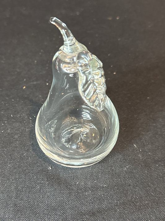 Vintage Clear Glass Pear With Leaf Thick Glass, Not Solid Glass 4" Tall