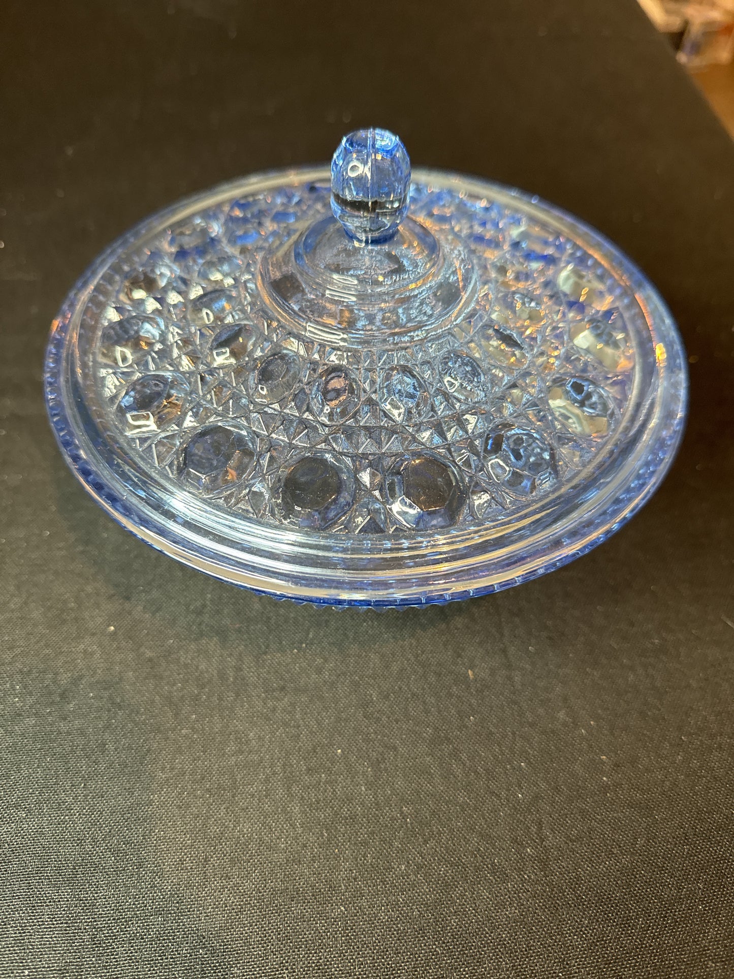 Vintage Indiana Glass Windsor Covered Candy Dish Bowl & Lid Blue Button & Cane Pattern