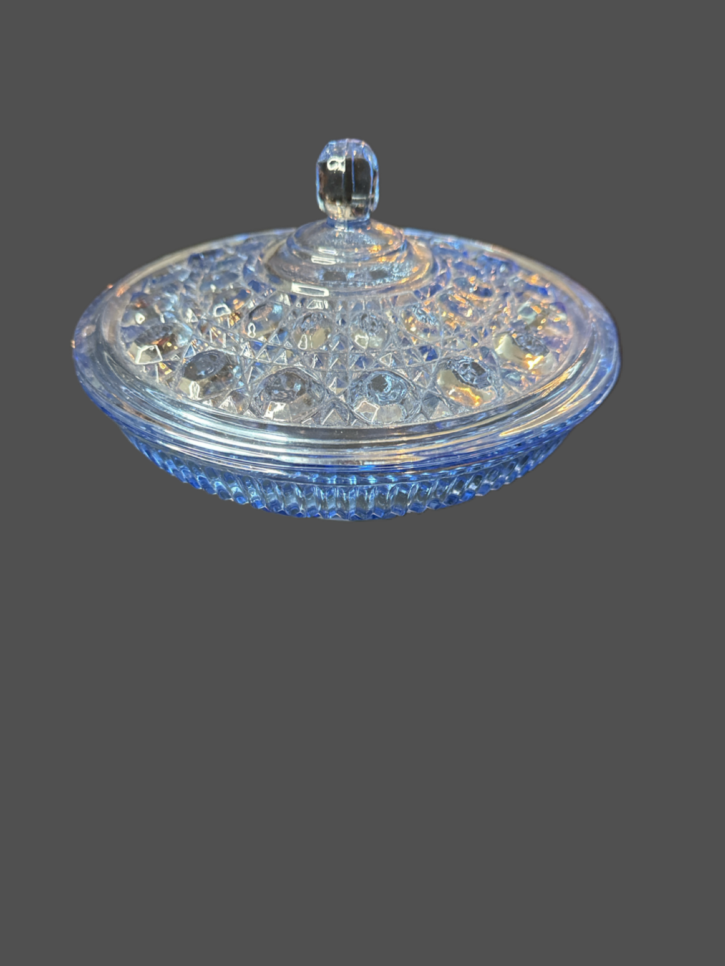 Vintage Indiana Glass Windsor Covered Candy Dish Bowl & Lid Blue Button & Cane Pattern