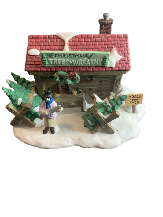 Vintage 1995 Dickens Collectible Christmas Village Christmas Tree and Wreathes.