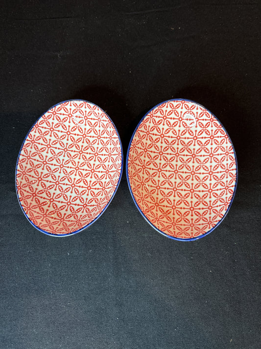 Pair of Bia Cordon Bleu Ooh La La Pattern Fruit Dishes Orange Blue Color 6" X 4.5"