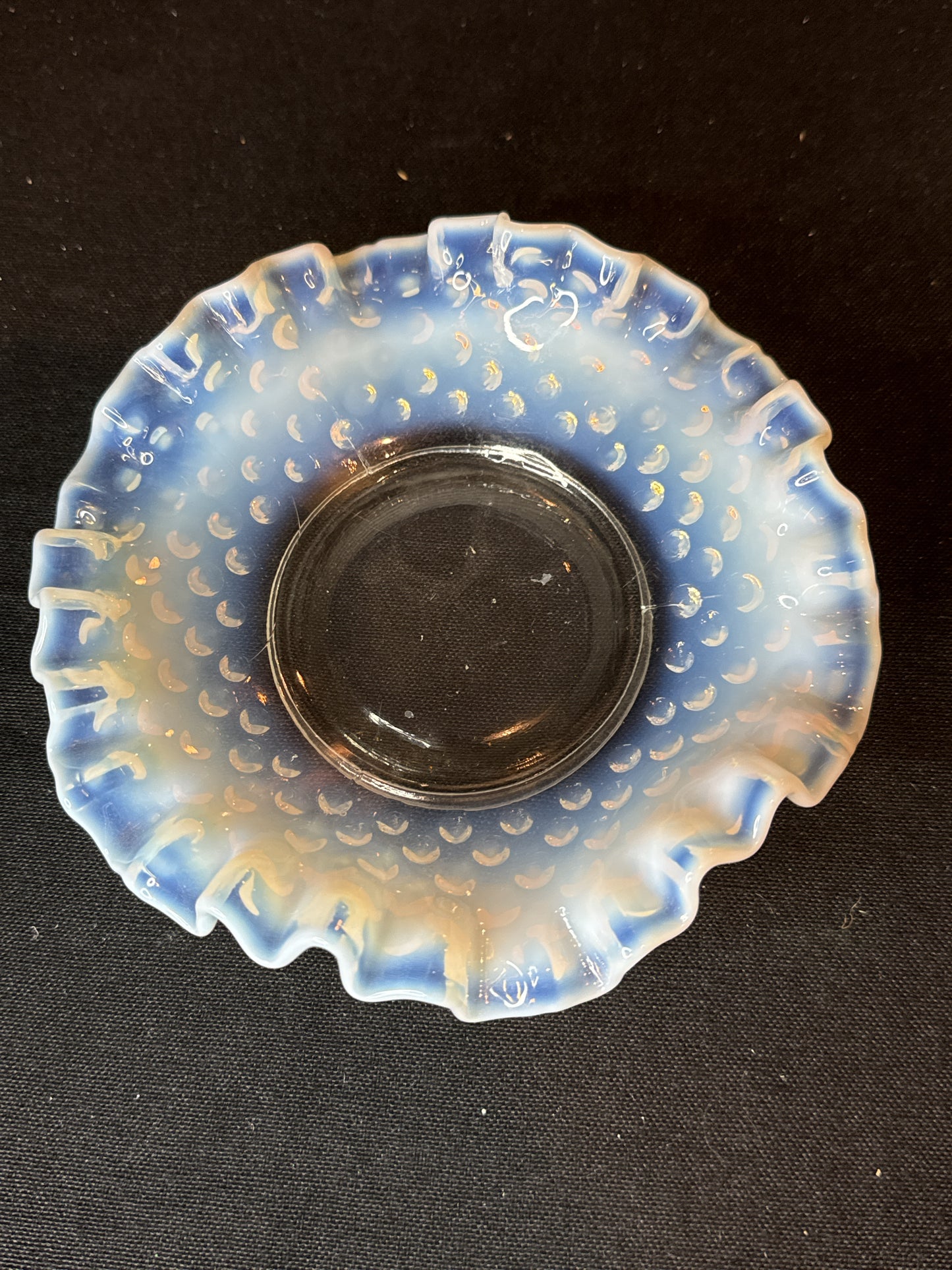 Vintage Fenton Blue Opalescent Hobnail Glass Candy Dish Crimped Edges 6" Wide