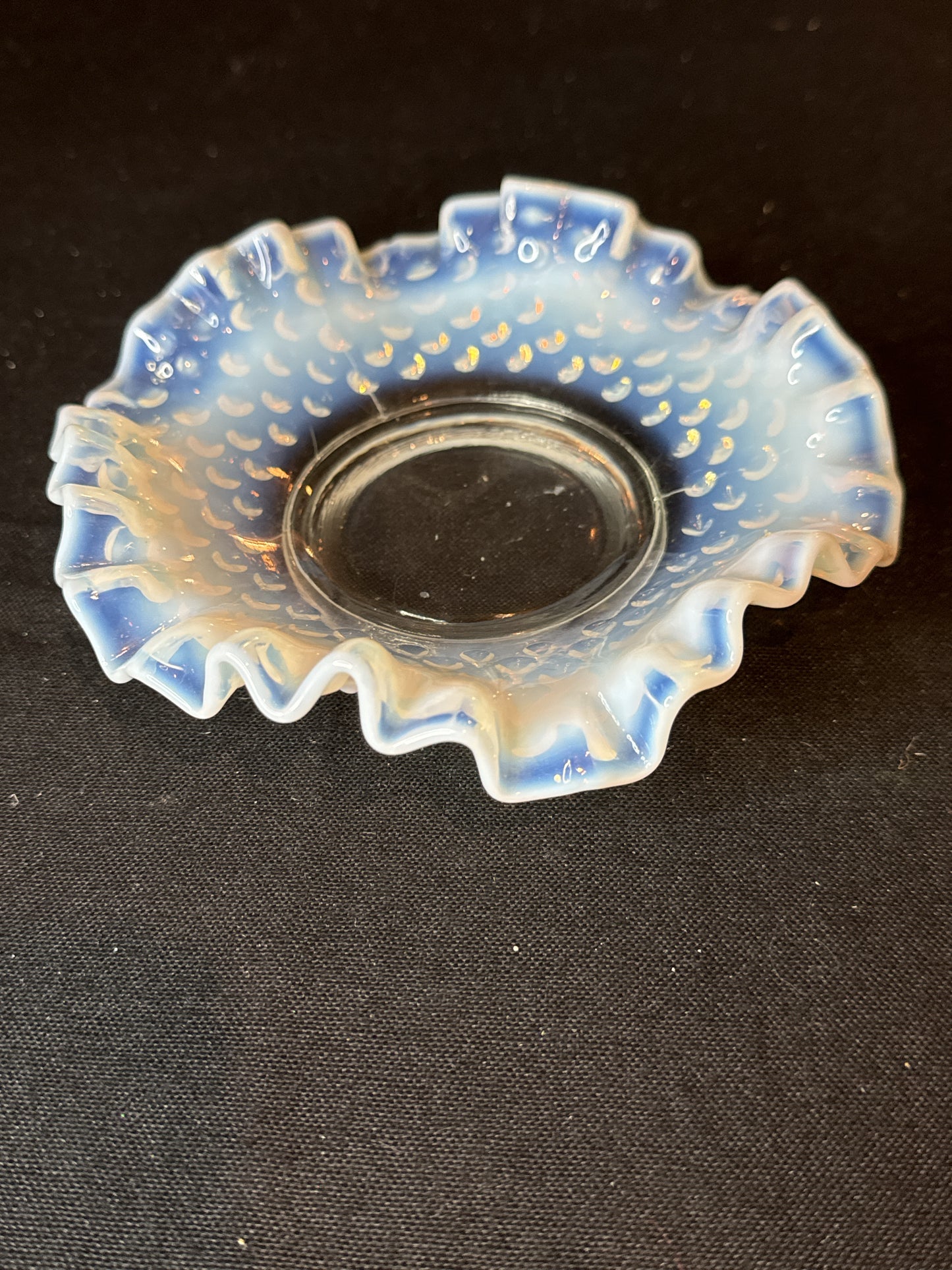 Vintage Fenton Blue Opalescent Hobnail Glass Candy Dish Crimped Edges 6" Wide