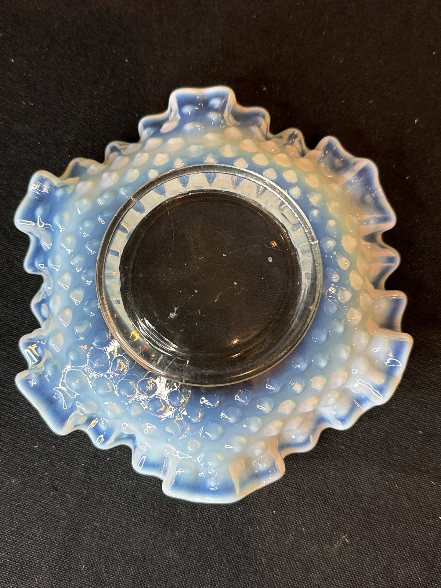 Vintage Fenton Blue Opalescent Hobnail Glass Candy Dish Crimped Edges 6" Wide