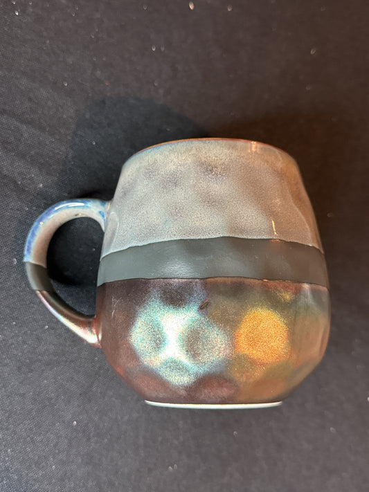 Roscher Stoneware Mug Artisan Crafted Grey Brown W/ Pewter Metallic Hammered 4" Tall