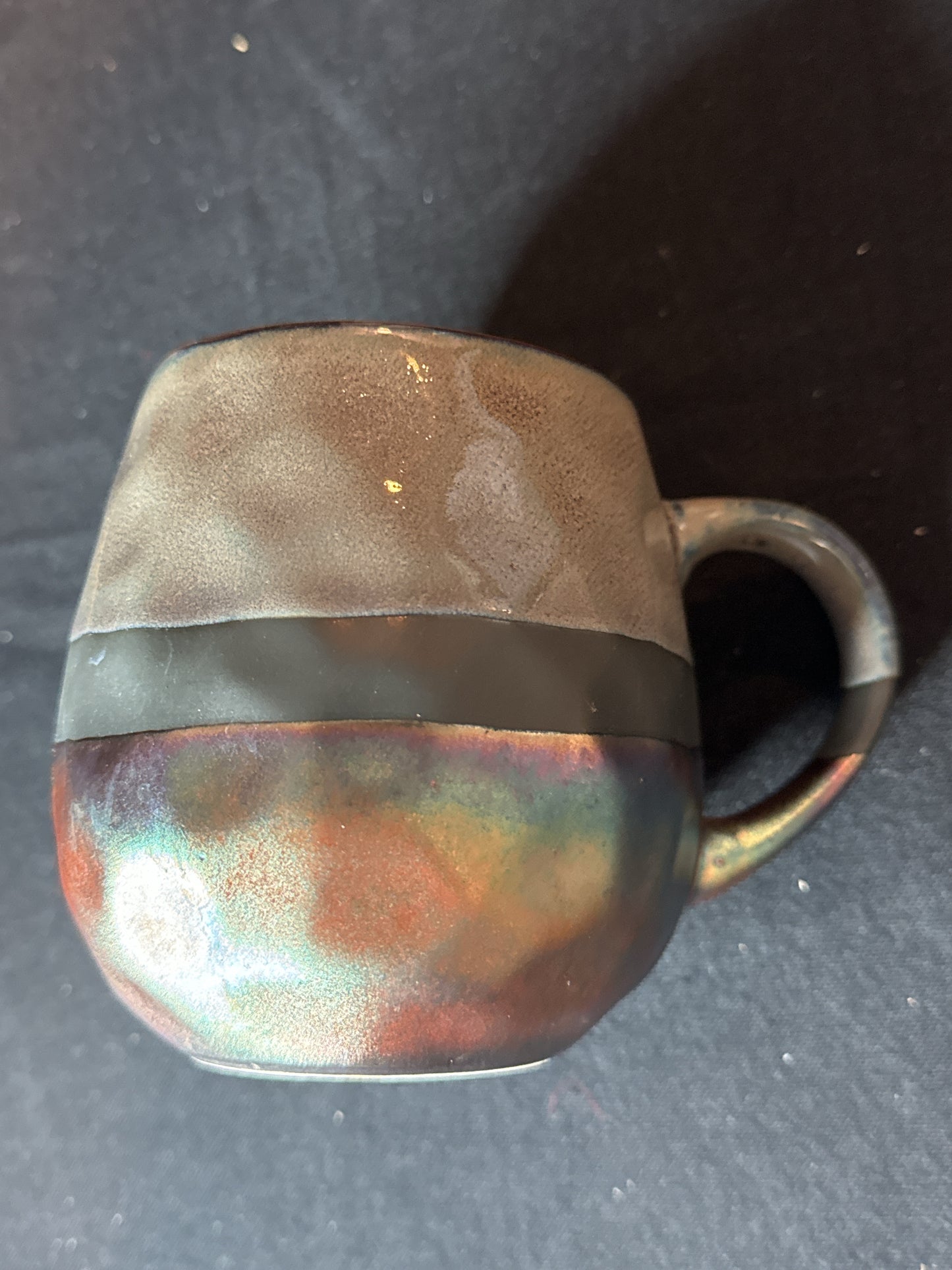 Roscher Stoneware Mug Artisan Crafted Grey Brown W/ Pewter Metallic Hammered 4" Tall