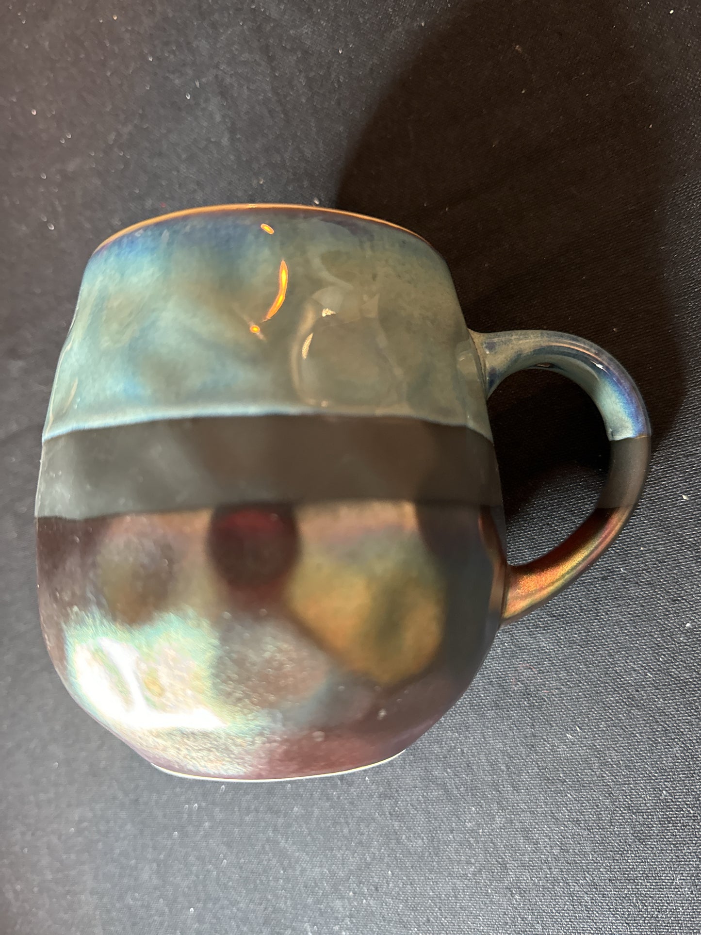 Roscher Stoneware Mug Artisan Crafted Teal Brown W/ Pewter Metallic Hammered 4" Tall