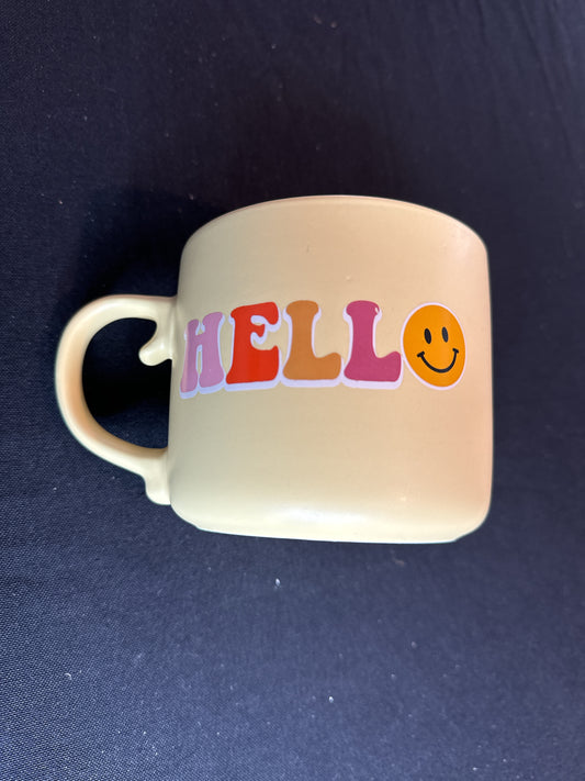 Yellow Hello Happy Coffee Mug/Cup w/ Checkered Interior 3.75" Tall