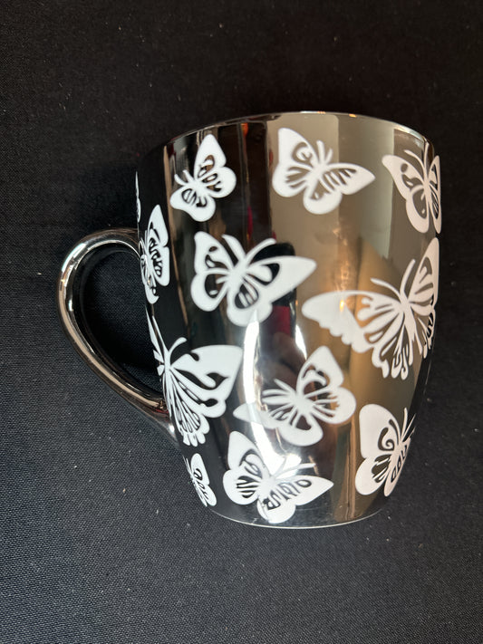 Silver Butterfly Glossy Coffee Mug/Cup w/ White Interior 4.75" Tall New Inventory