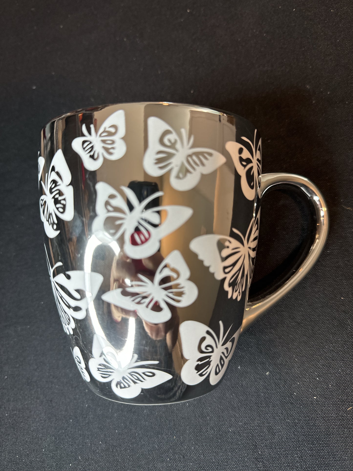 Silver Butterfly Glossy Coffee Mug/Cup w/ White Interior 4.75" Tall New Inventory