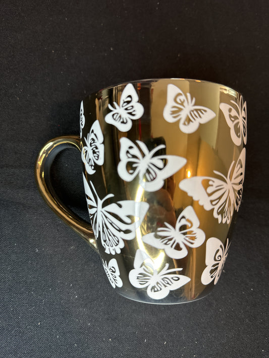 Gold Butterfly Glossy Coffee Mug/Cup w/ White Interior 4.75" Tall New Inventory