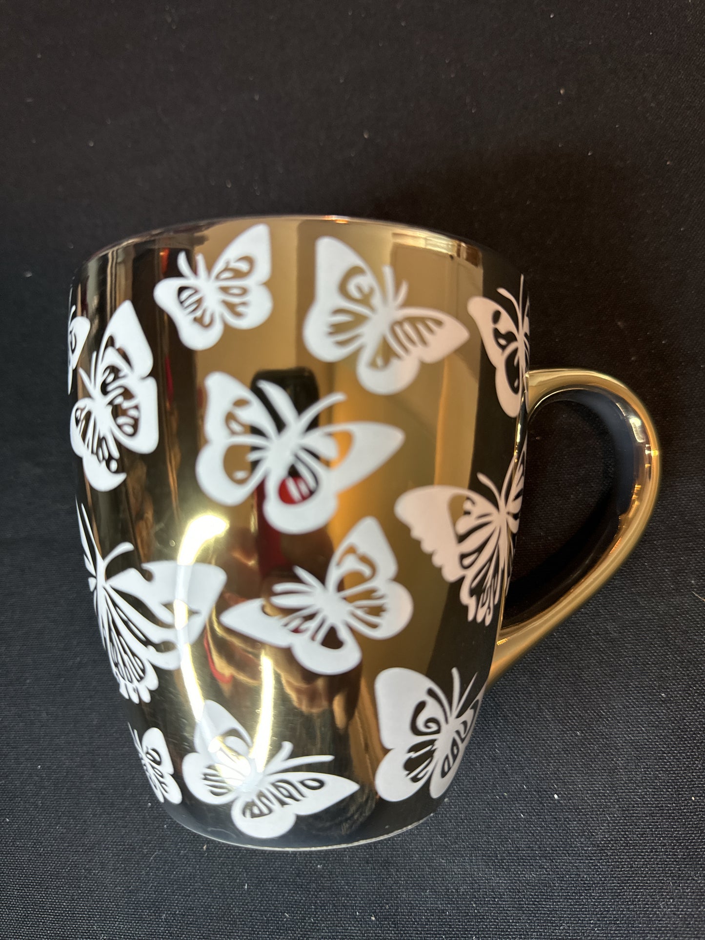 Gold Butterfly Glossy Coffee Mug/Cup w/ White Interior 4.75" Tall New Inventory