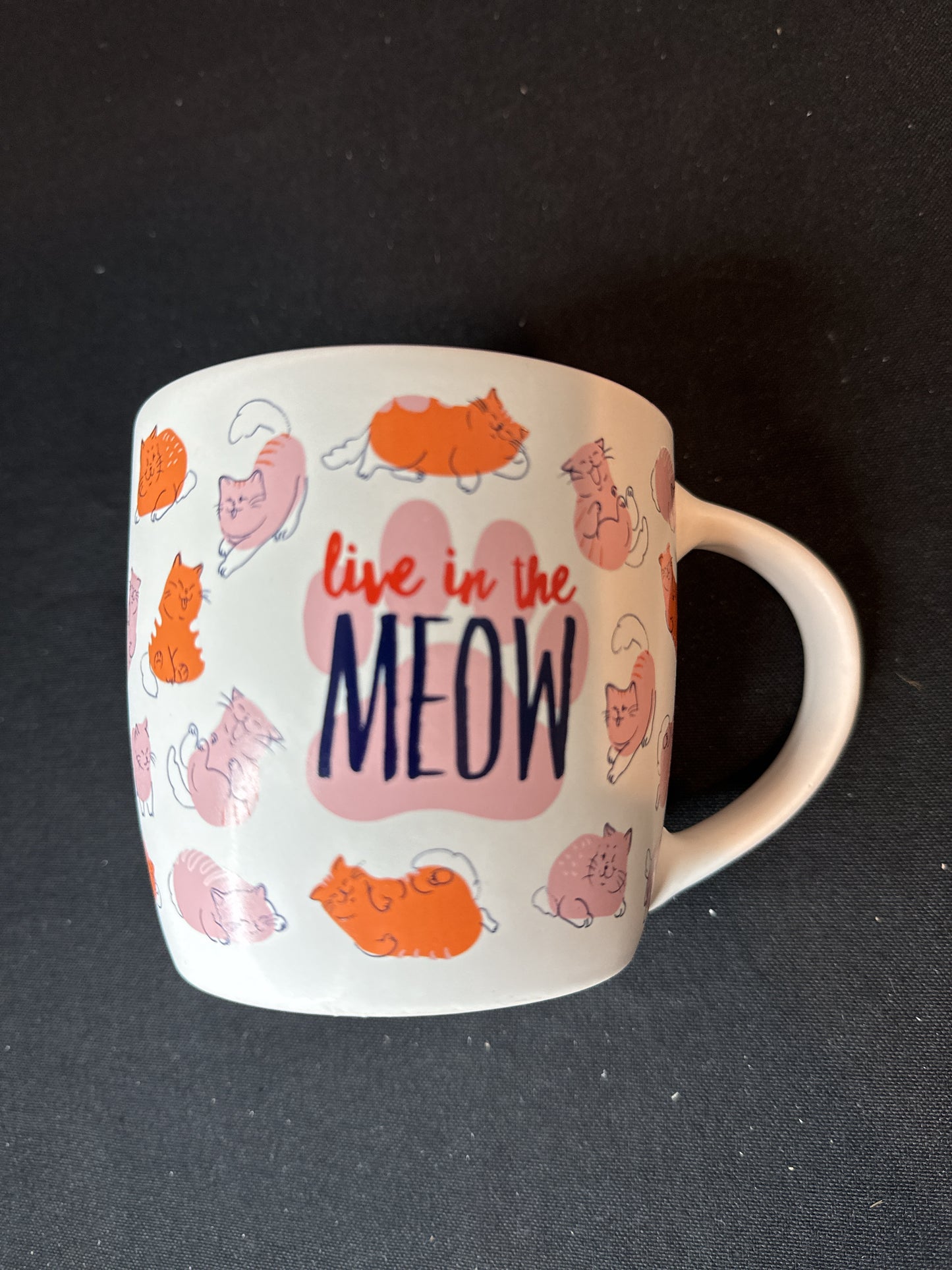 Pink Cats "Live in the Meow" Coffee Mug/Cup w/ Pink Interior & Yarn Design. 4" Tall New