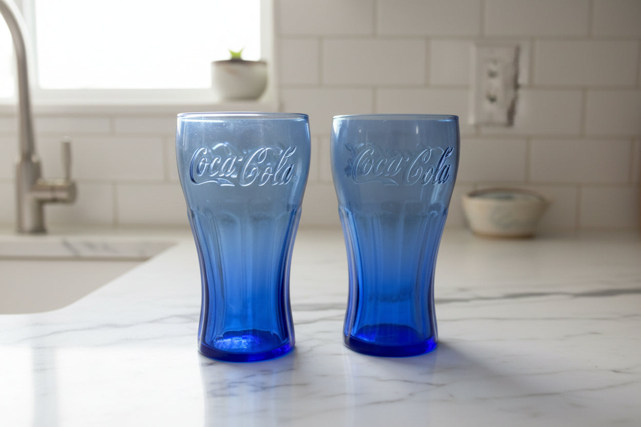 Pair of Vintage Coca Cola Cobalt Blue Soda Pop Embossed 16oz 6" Coke Glasses