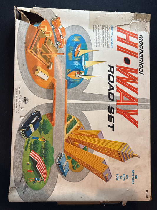 Vintage 1960 Hi-Way Road Set Ohio Art Tin Litho Set Tin Roadway w/ Working Cars