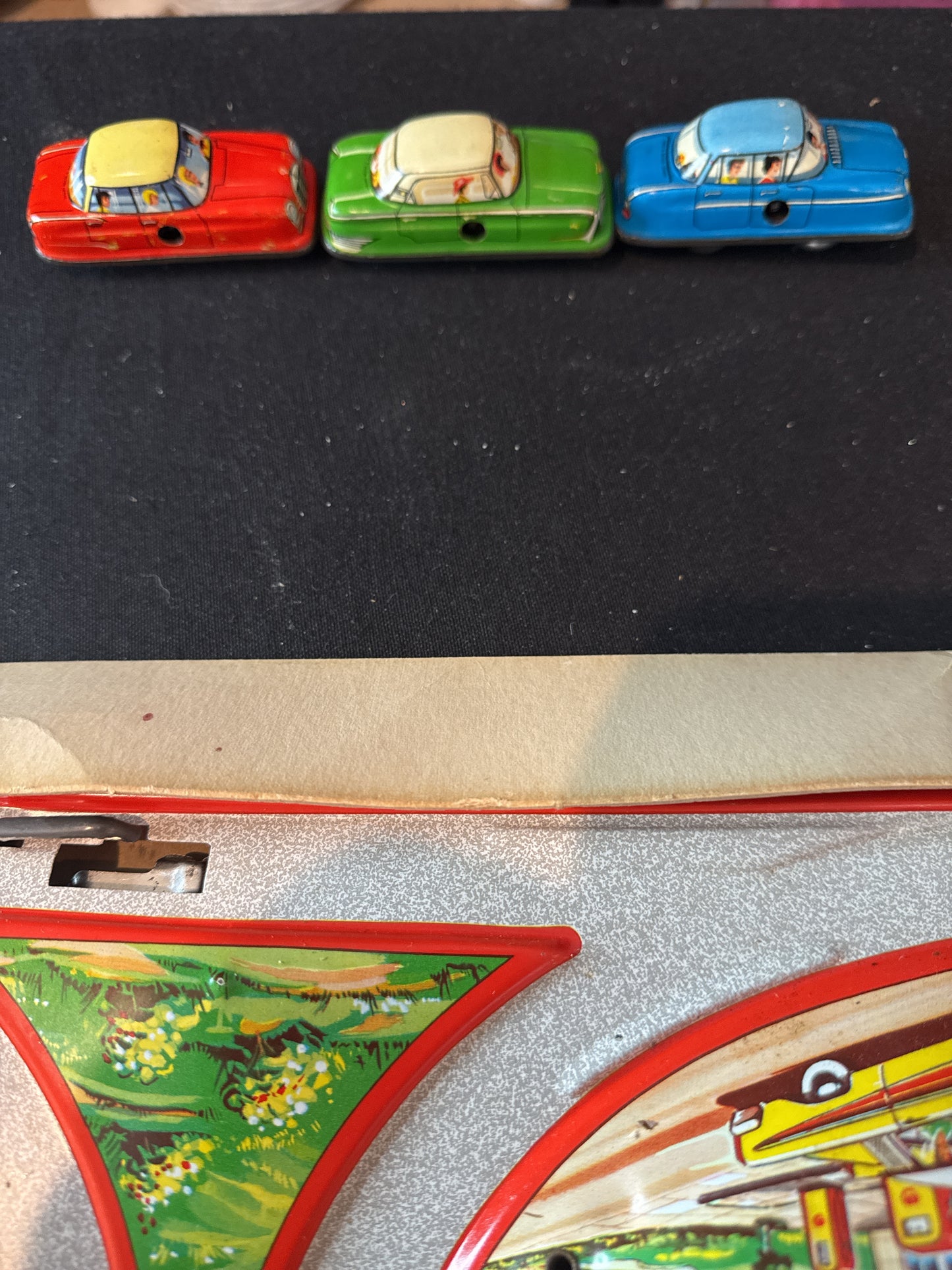 Vintage 1960 Hi-Way Road Set Ohio Art Tin Litho Set Tin Roadway w/ Working Cars