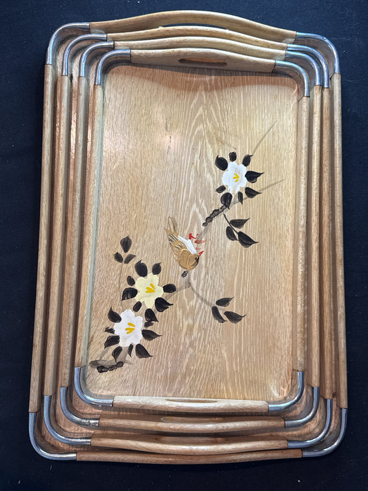 Set of 4 Vintage 1950s Chinese Style Wooden Nesting Trays, Graduated, Bamboo & Birds