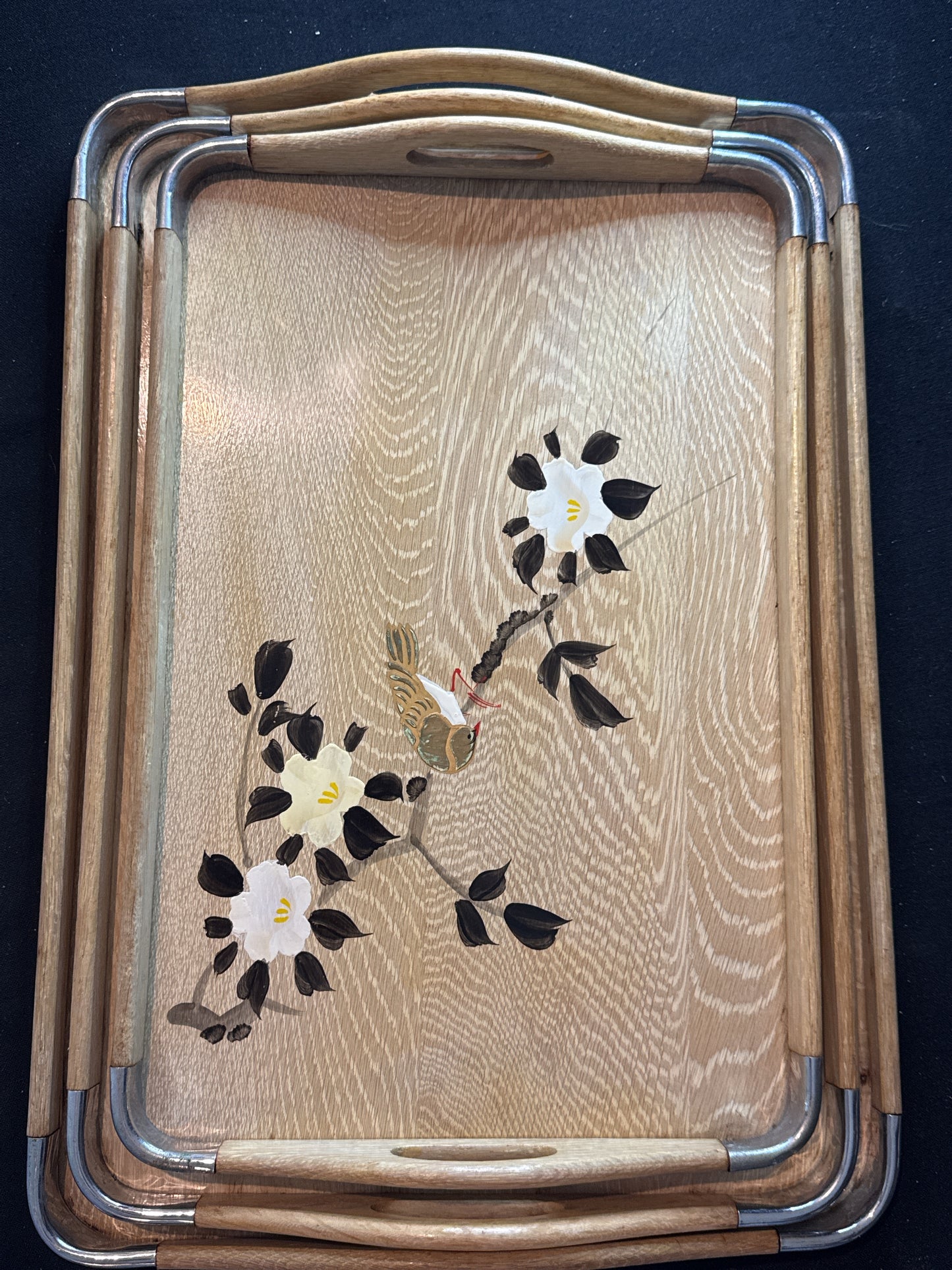 Set of 4 Vintage 1950s Chinese Style Wooden Nesting Trays, Graduated, Bamboo & Birds
