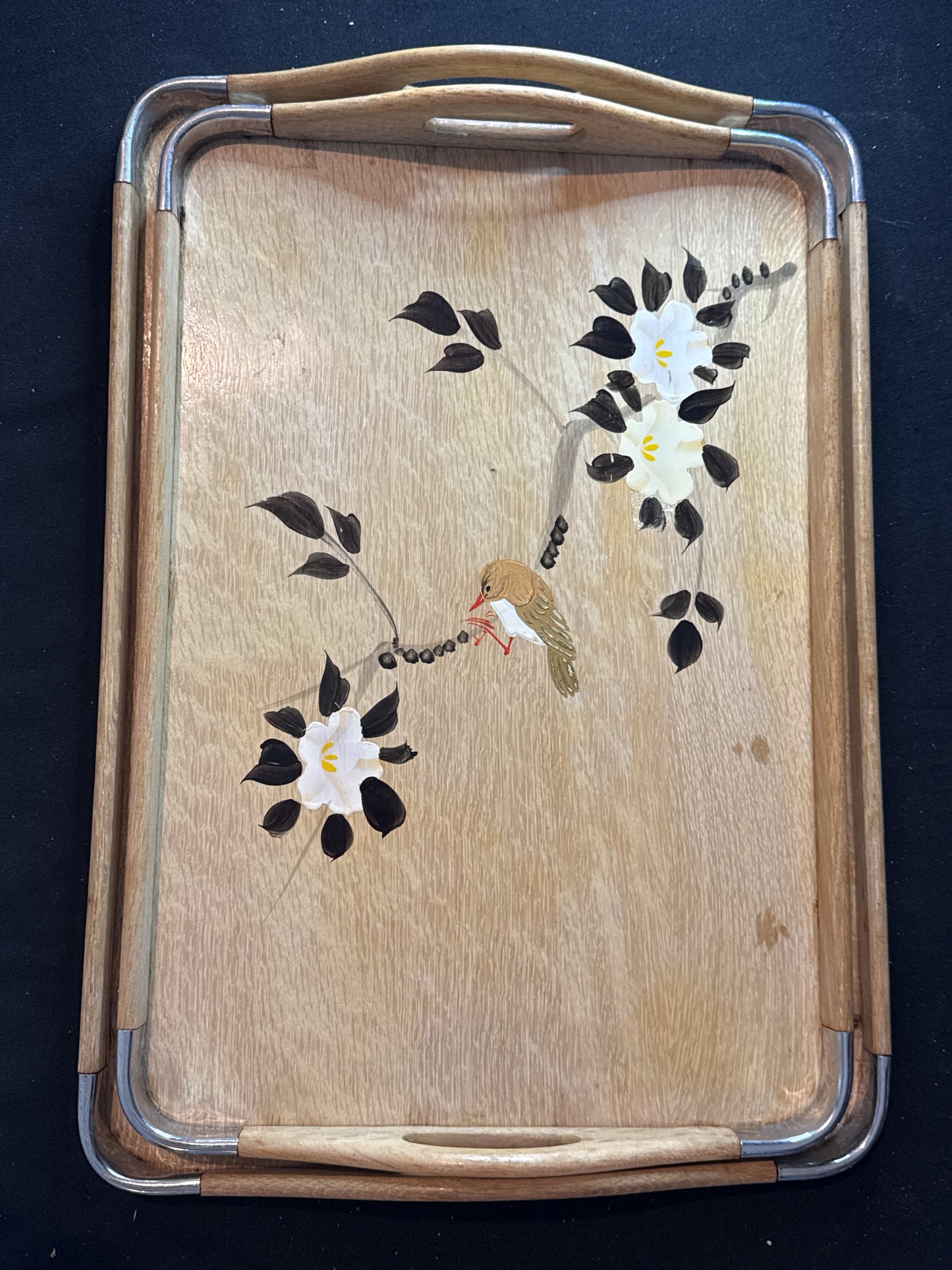 Set of 4 Vintage 1950s Chinese Style Wooden Nesting Trays, Graduated, Bamboo & Birds