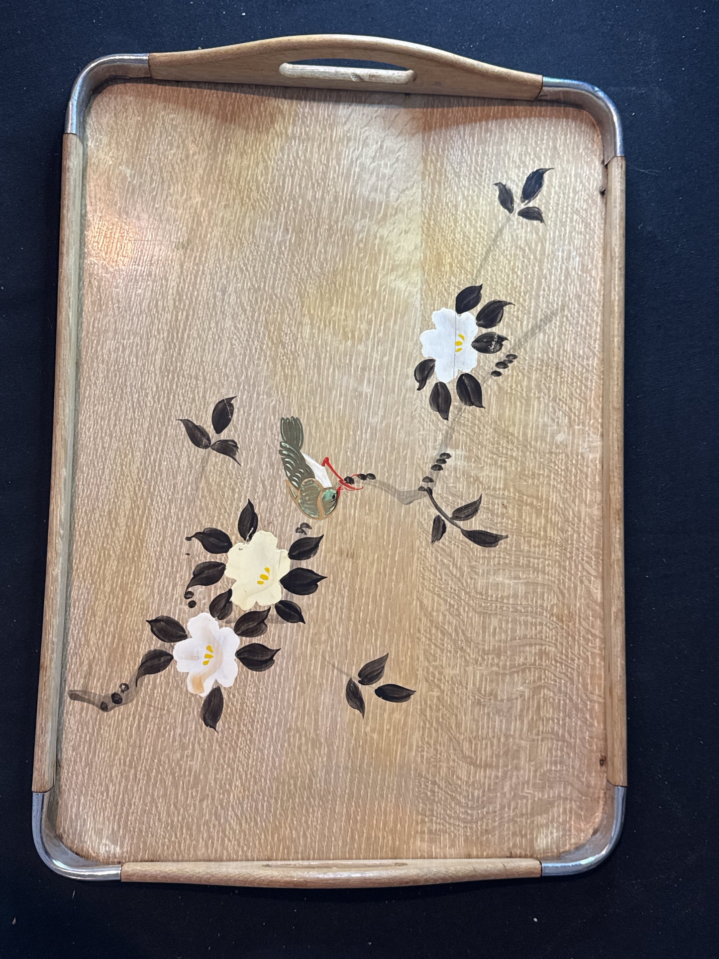 Set of 4 Vintage 1950s Chinese Style Wooden Nesting Trays, Graduated, Bamboo & Birds