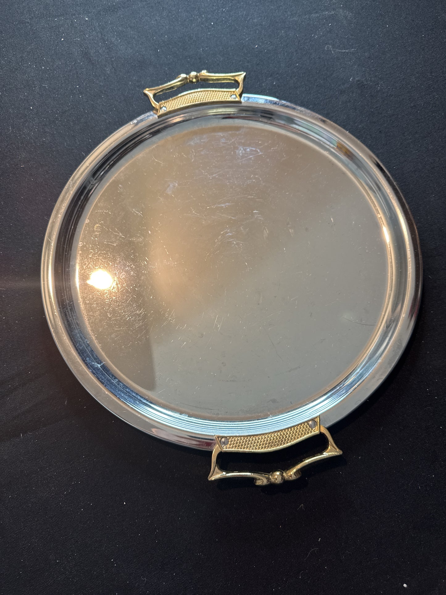 Vintage Kromex Round Serving Tray 12.75" x 14.75" With Handles