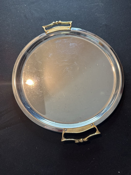 Vintage Kromex Round Serving Tray 12.75" x 14.75" With Handles