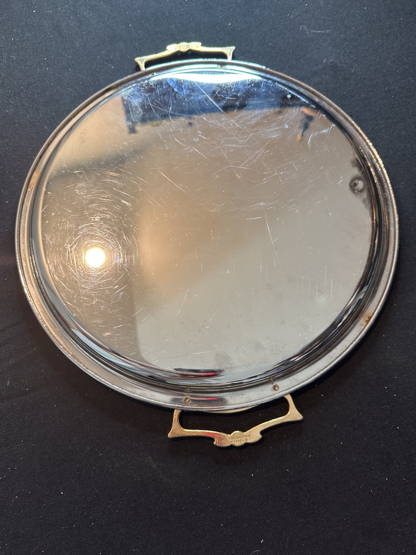 Vintage Kromex Round Serving Tray 12.75" x 14.75" With Handles
