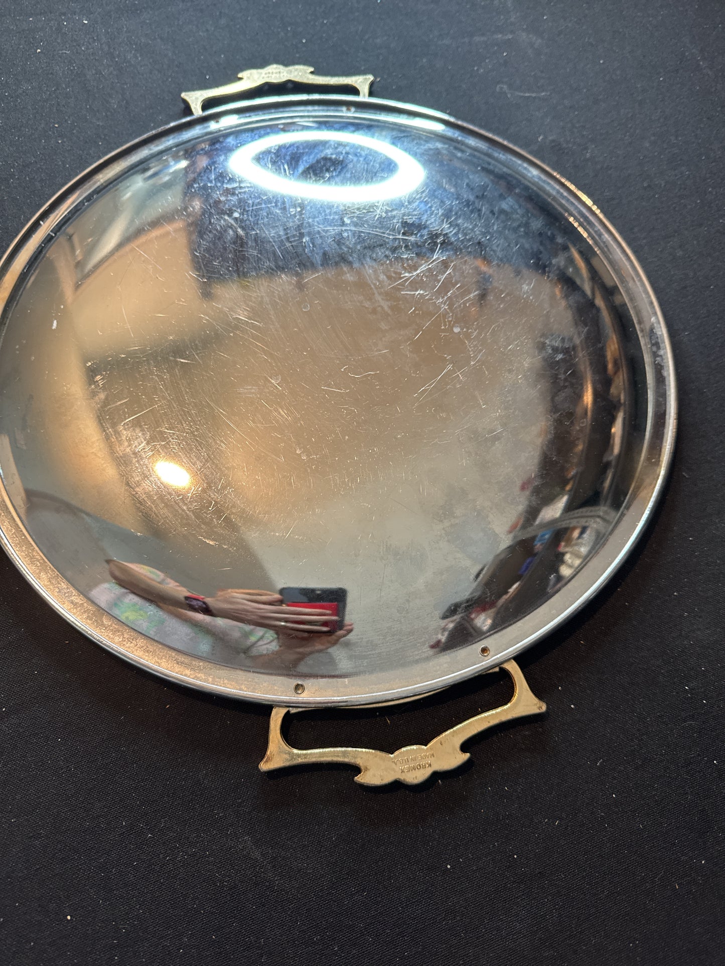 Vintage Kromex Round Serving Tray 13.25" x 15.5" With Handles