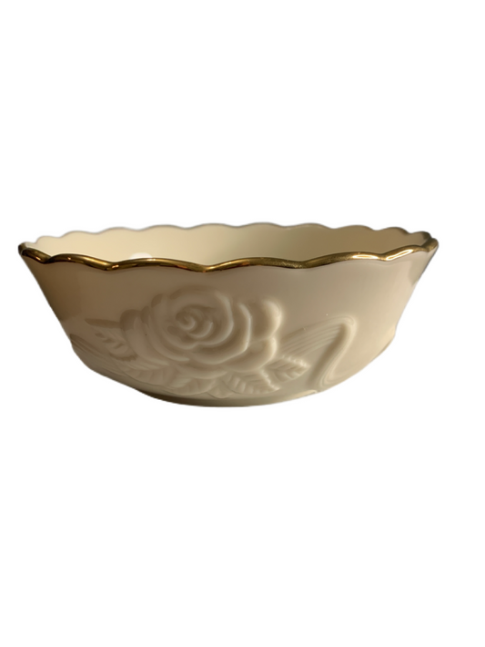 Lenox Ivory & Gold Rim Porcelain Roses and Ribbon Nut Candy Dish Bowl