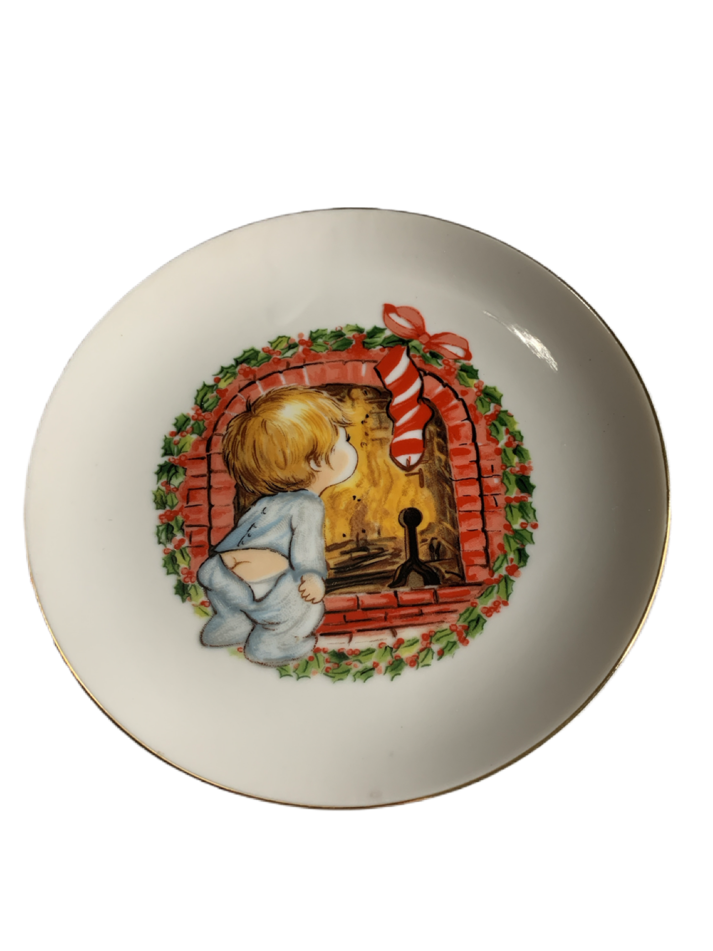 Fine Porcelain Christmas Plate. Boy by the Fire JASCO 1982 - 22K Gold Edge