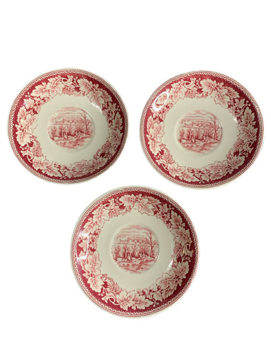 Currier & Ives Red by Homer Laughlin Saucers (3)