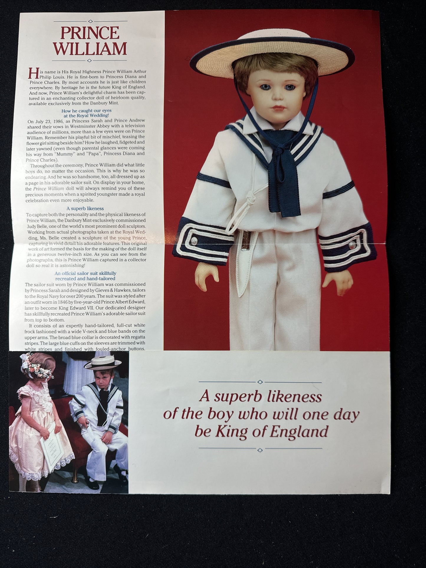 Vintage 1980's Prince William The Royal Wedding 11" Doll w/ Stand & Certs Danbury Mint No Box