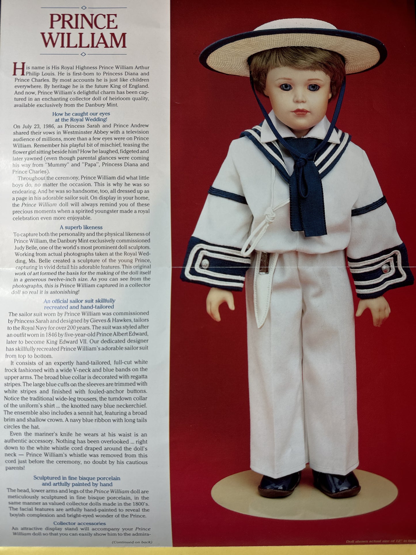 Vintage 1980's Prince William The Royal Wedding 11" Doll w/ Stand & Certs Danbury Mint No Box