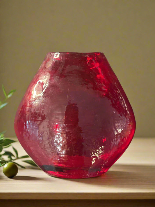 Vintage Modern Ruby Red Amberina Glass Vase 7" x 7" x 2.5" MCM