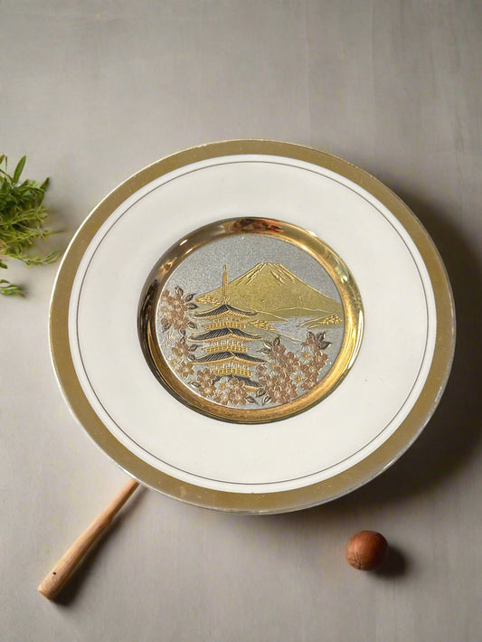 Art of Chokin Pagoda & Mountain 24Kt Gold Trim 6" Wide