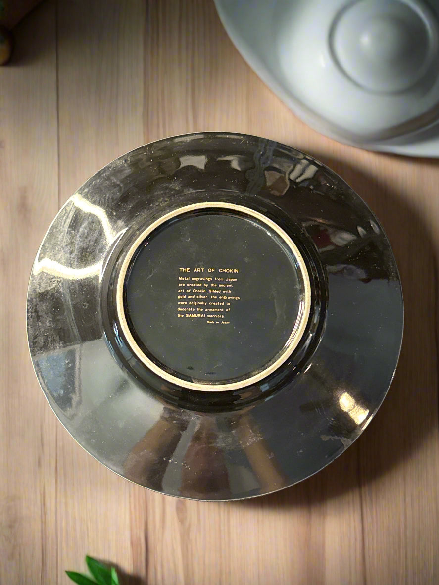 The Art of Chokin Black Plate 24Kt Gold Japan 7 5/8" Wide Excellent Condition