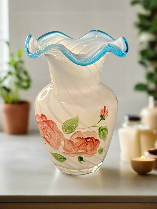 Fenton White Optic Swirl Light Pastel Baby Blue Ruffled Edge Hand Painted 6" Tall Vase