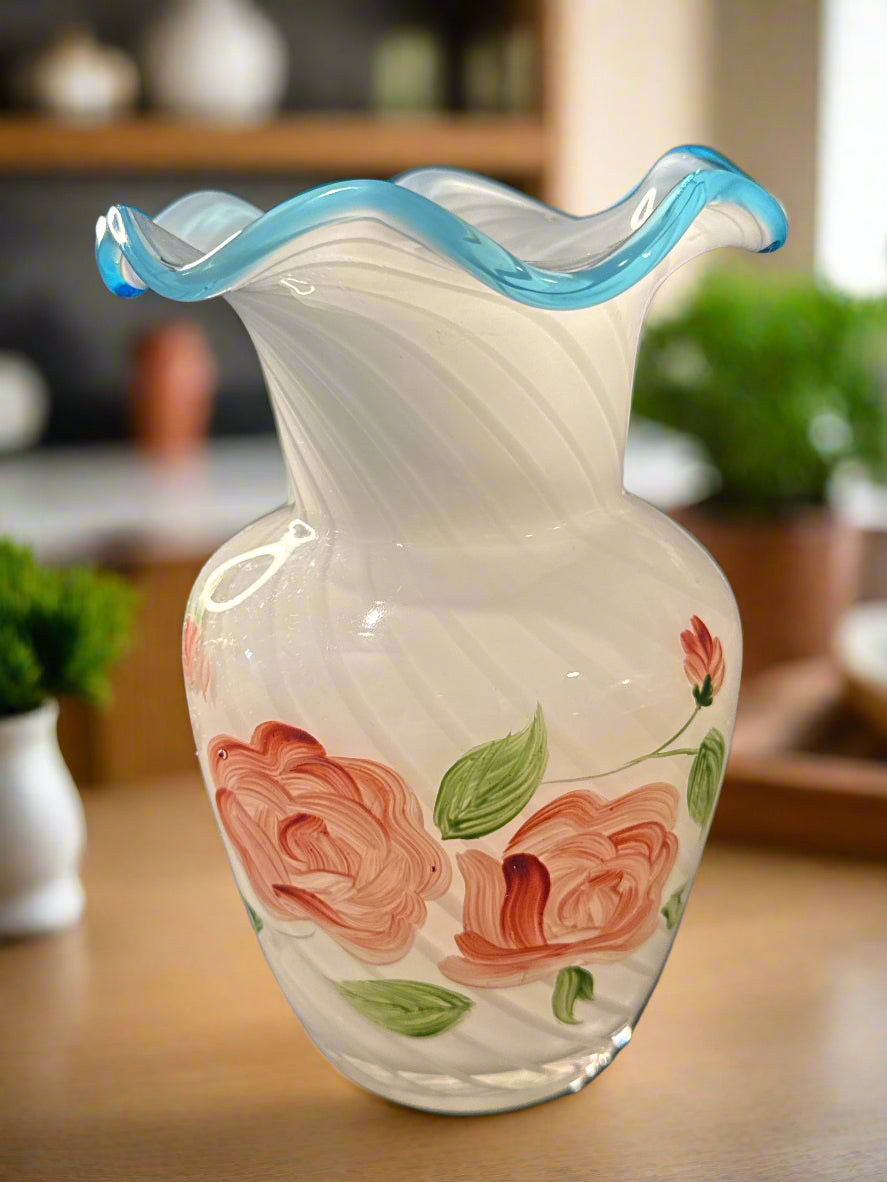Fenton White Optic Swirl Light Pastel Baby Blue Ruffled Edge Hand Painted 6" Tall Vase