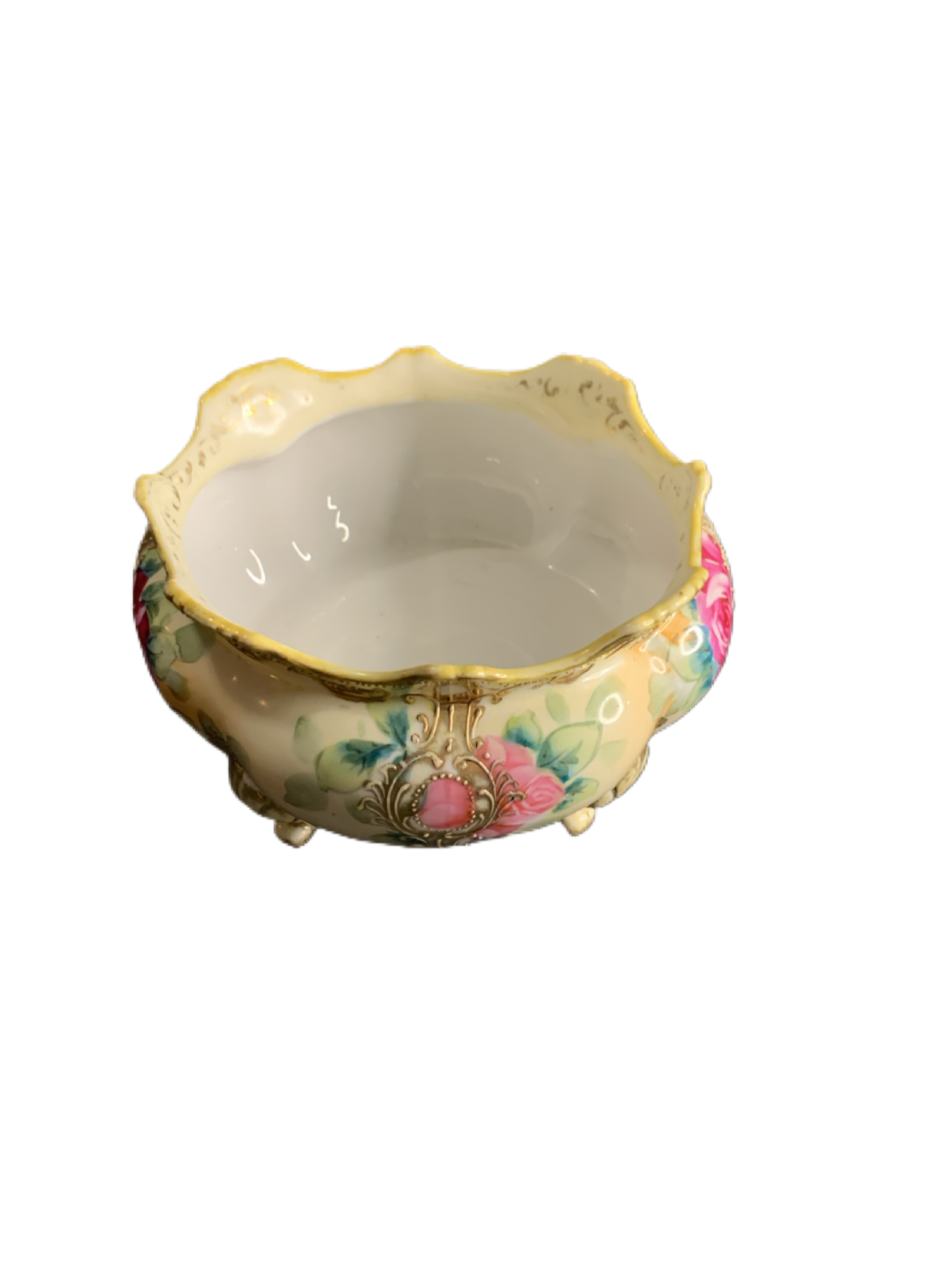 Nippon Hand Painted Floral Footed Bowl 6" Wide Scalloped Edge Gold Trim