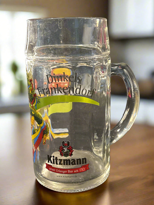 Dinkel's Frankendorf Kitzmann Beer Glass Stein Glass 1 Liter Germany 8 3/8" Tall