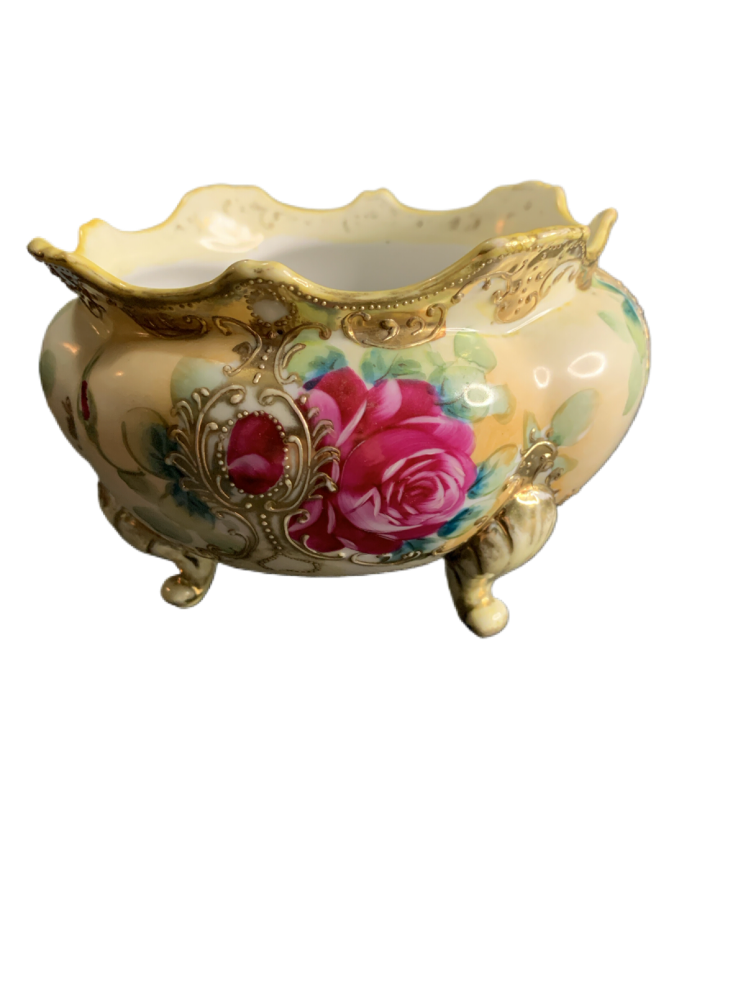 Nippon Hand Painted Floral Footed Bowl 6" Wide Scalloped Edge Gold Trim