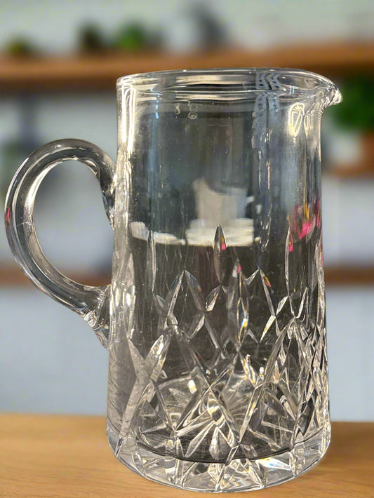 Glass Pitcher 32oz Etched Markings on Side and Bottom. Not Identified. 6 5/8" Tall 4" Wide
