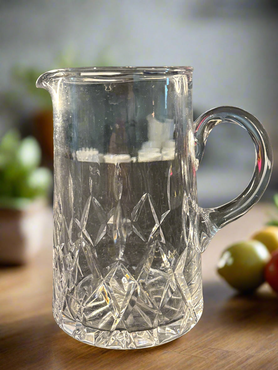 Glass Pitcher 32oz Etched Markings on Side and Bottom. Not Identified. 6 5/8" Tall 4" Wide