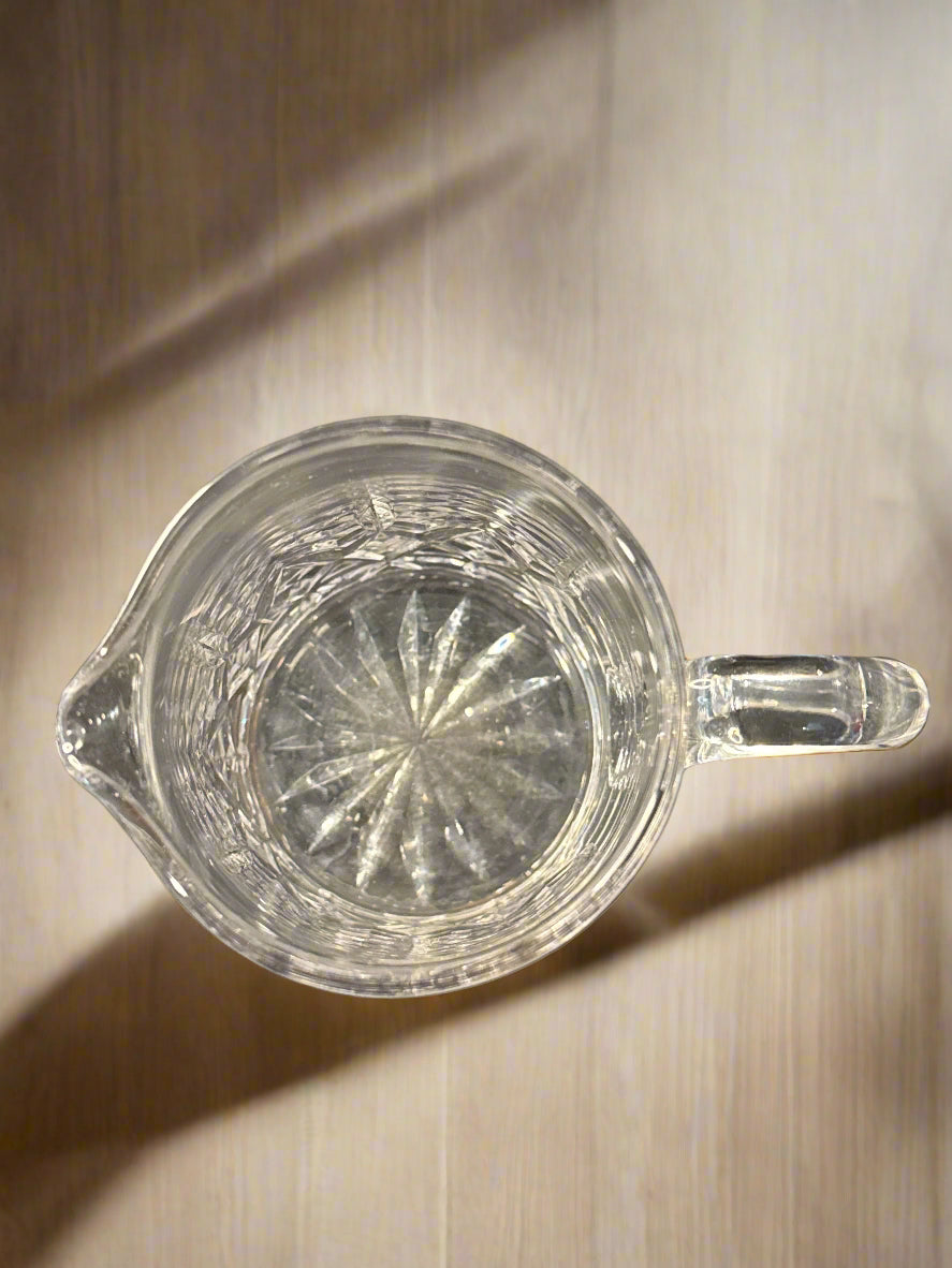 Glass Pitcher 32oz Etched Markings on Side and Bottom. Not Identified. 6 5/8" Tall 4" Wide
