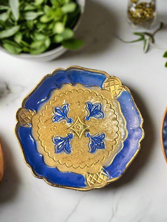 Vintage Italian 4" Wooden Coaster Blue & Gold Fleur de Lis Style