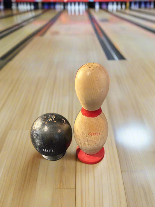 Bowling Pin and Bowling Ball Salt & Pepper Shakers 6" and 3" Tall Made in Japan