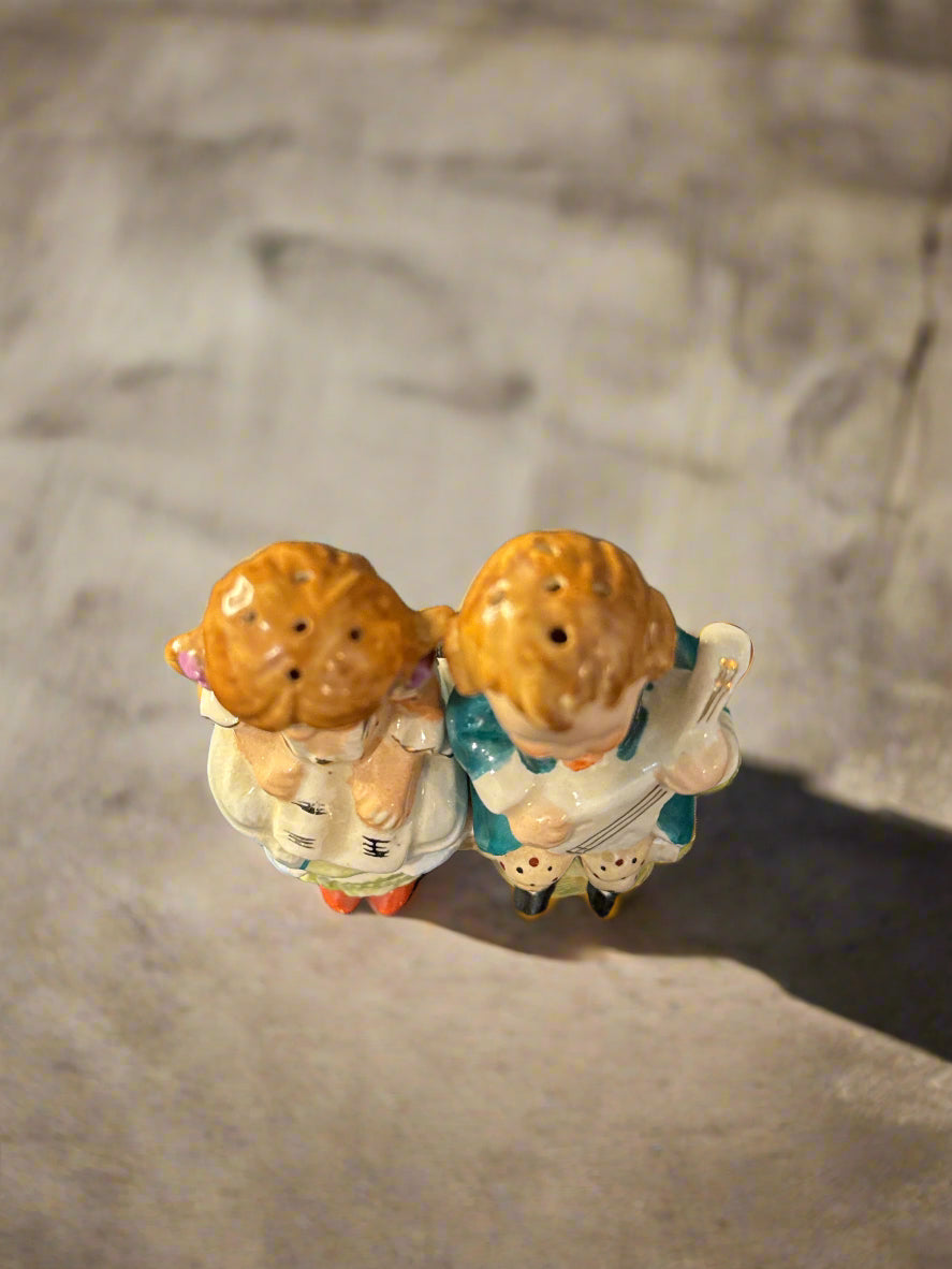 Ceramic Vintage Boy and Girl Salt & Pepper Shakers 3 Pieces with Stand 3" Tall